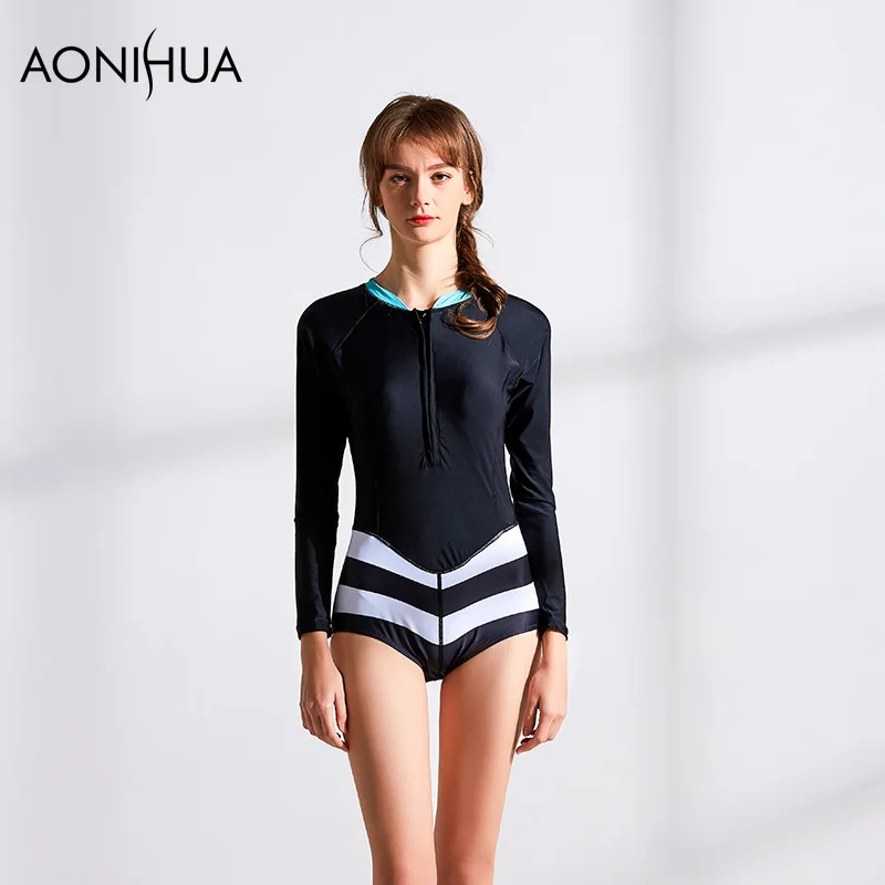 AONIHUA Bikini 2018 Stripe Long Sleeve High Waist One Piece Sexy Women Swimwear 9111