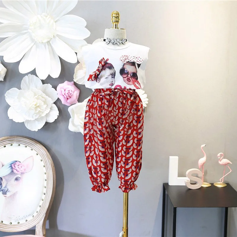 3-7Y Fashion Girls Summer Clothing Kid Vest Top + Printed Pants Leggings 2pcs Outfits Children Clothes Toddler Girl | Мать и ребенок