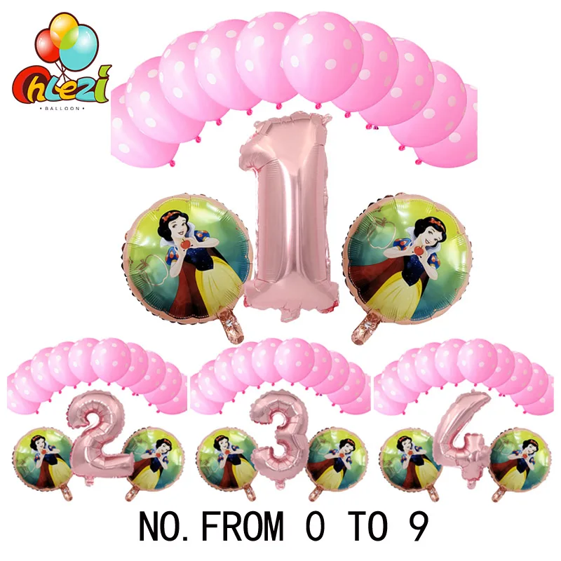 Rose gold Snow White 13 шт., платье принцессы на день рождения, Белоснежка, Золушка, Аврора, Ариэль, Белль, жасмин, Анна, globos, 123 год, подарки, детское шоу для девочек - Цвет: Rose gold Snow White