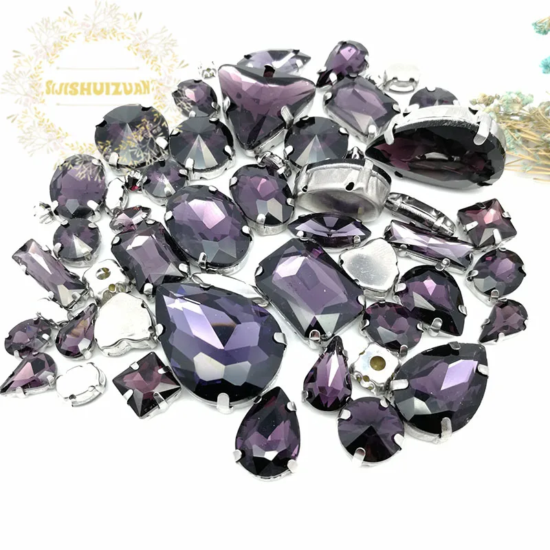 Deep Purple 25IZES 58 шт 10 форма! Стразы со стеклянными кристаллами разных размеров с серебристыми когтями Diy для свадебного платья - Цвет: Deep Purple