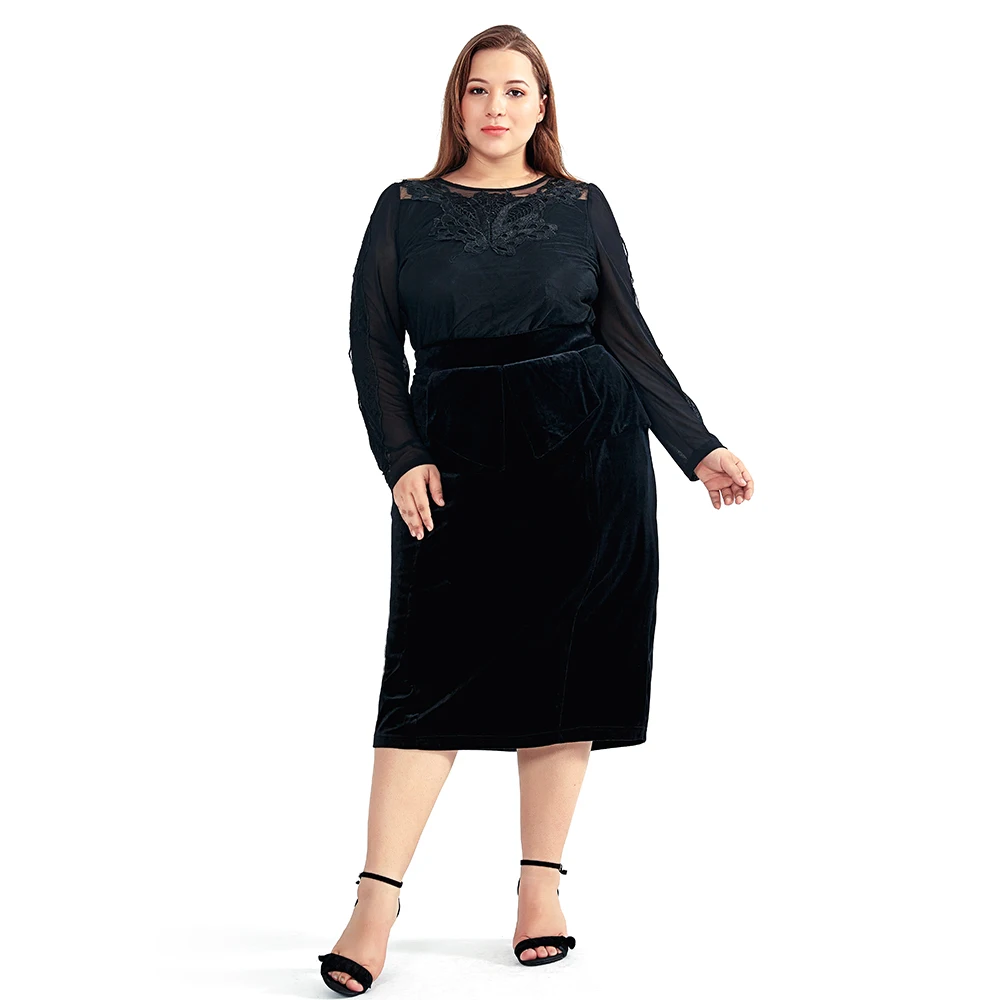 YTL Для женщин Винтаж бархат зима плюс Размеры юбки работы вечерние тонкий черный