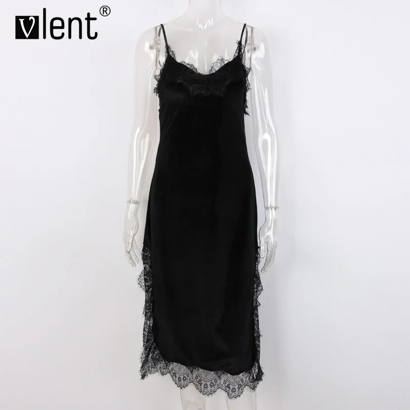 Vlent Sexy Lace Soft Velvet Slip Dress Cami 2017 Deep V Neck Side Split Party Dresses Vintage Women Black Sleeveless Long | Женская