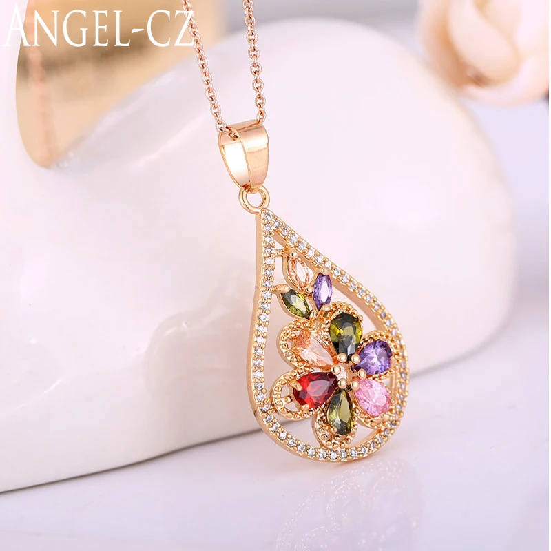 Женское ожерелье с подвеской в виде цветка ANGELCZ, желтое золото, регулируемое ожерелье с кубическим цирконием AN004