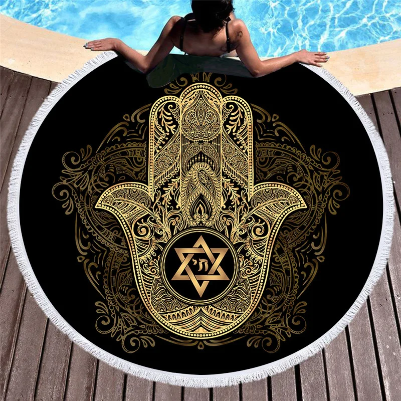 3d Digital Printing Gold Palm Beach Towels for Women Retro Lotus Stars Black Round Towel Bedroom Decorations Yoga Mat |