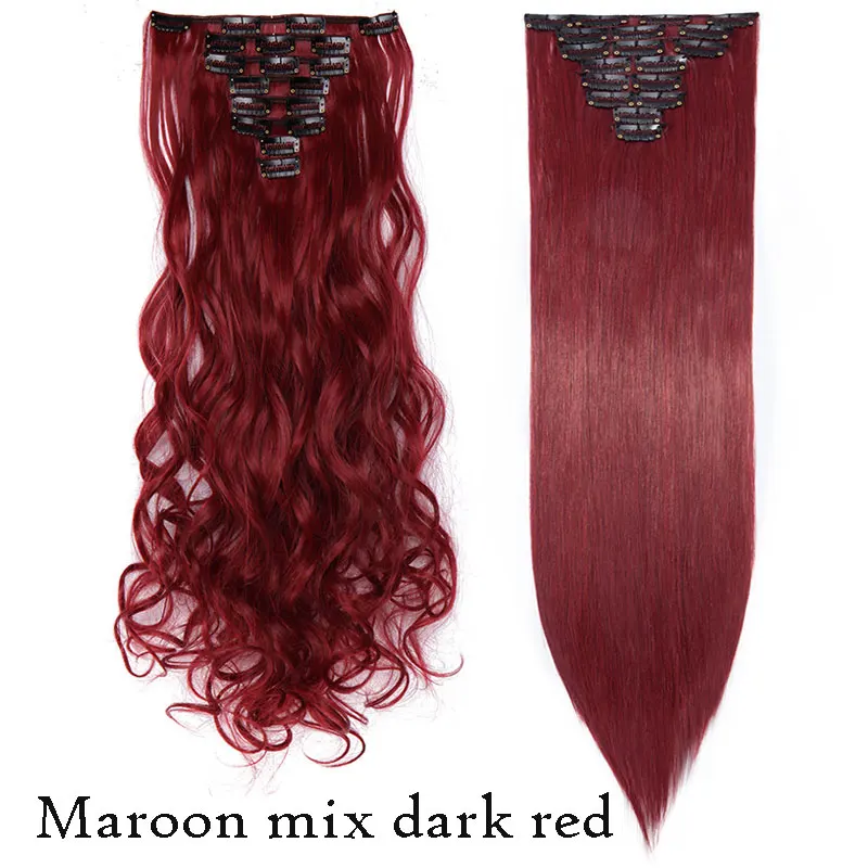 maroon mix dark red SNOILITE, 18 клипс, длинные волнистые волосы для наращивания на клипсах, черный, коричневый, синтетические волосы на клипсах для женщин, 24 дюйма - Цвет: maroon mix dark red