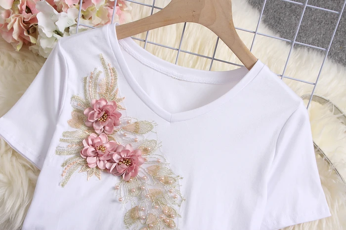 ALPHALMODA, модные футболки с цветочной аппликацией+ юбка до середины икры с цветочным рисунком, женские летние аккуратные модные комплекты с тяжелой юбкой