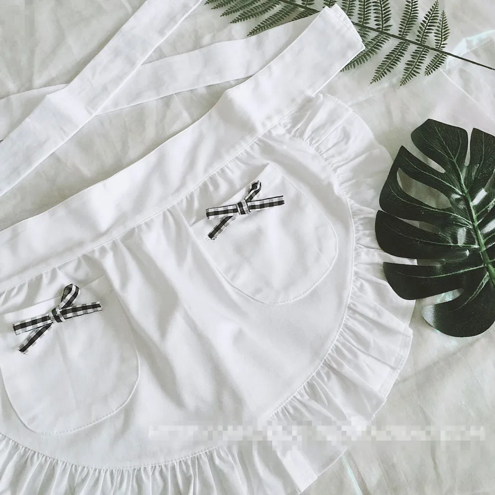 Sexy White Half Waist Ruffle Waitress Cosplay Avental de Cozinha Divertido Tablier Cuisine Pinafore Short Apron with Pockets
