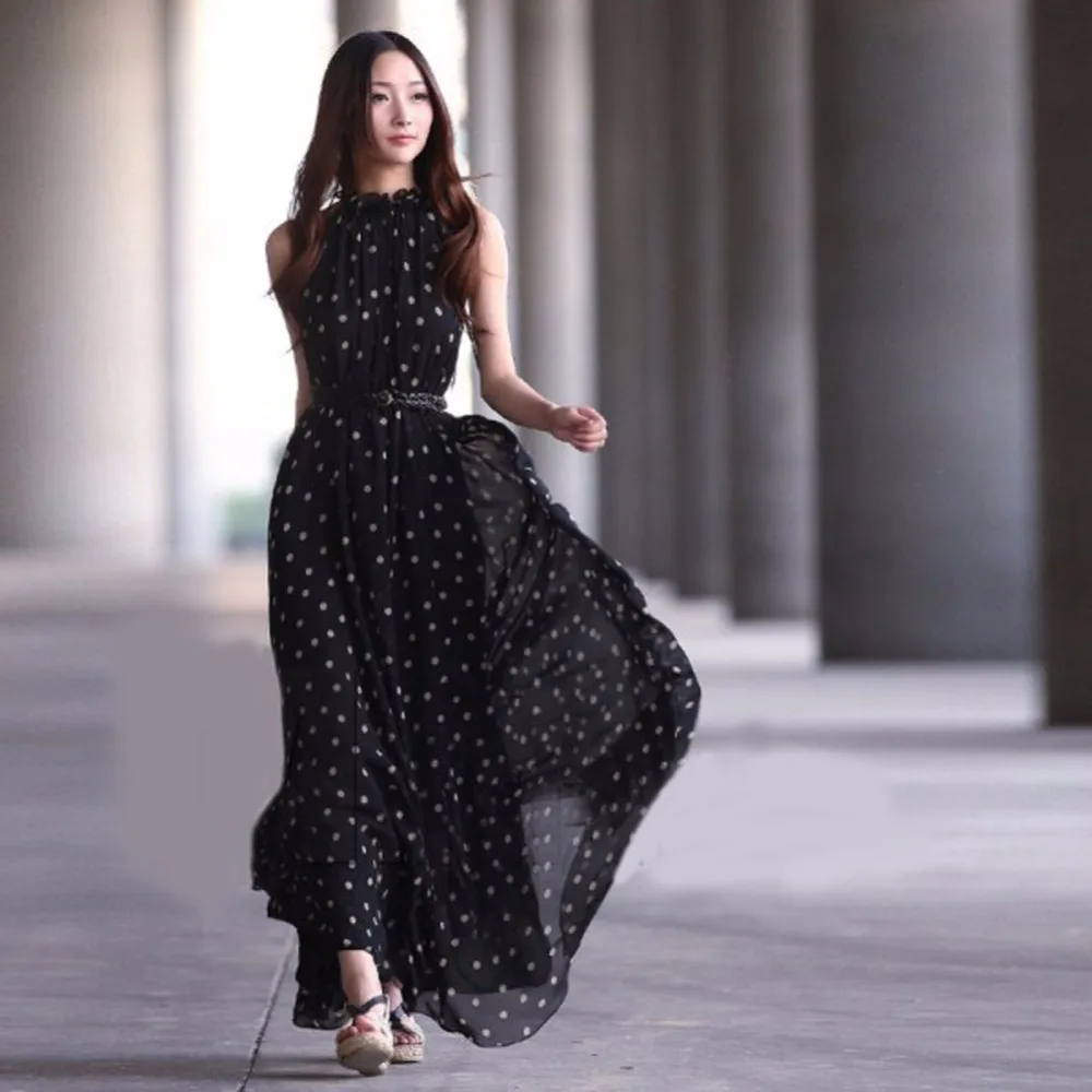 Женское платье в горошек Длинное Макси шифоновый топ без рукавов|Женские платья|