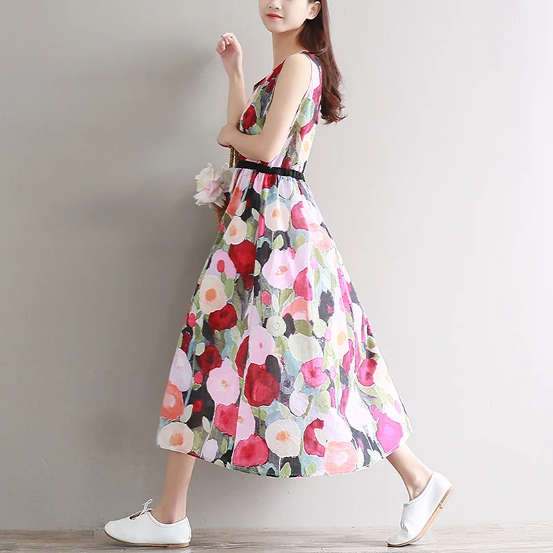 Платье женское повседневное с высокой талией из хлопка цветочным принтом без