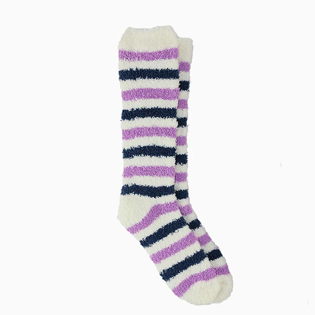 Purple Stripe Высокие домашние женские носки, мягкие теплые весенне-зимние брендовые плотные полосатые компрессионные Чулочные изделия, длинные женские удобные домашние носки-Тапочки - Цвет: Purple Stripe