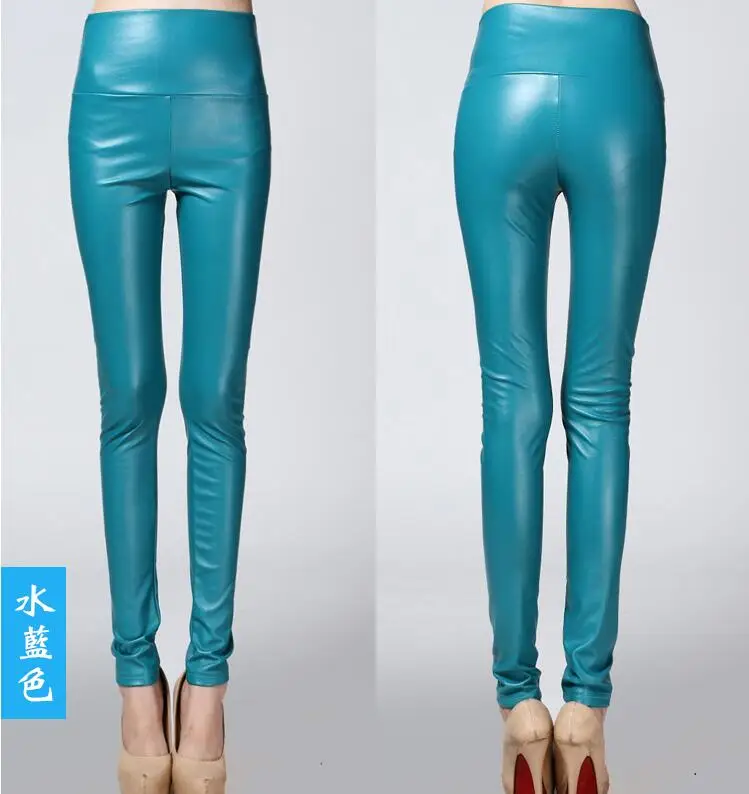 light blue Зима весна женские кожаные леггинсы с высокой талией, Стрейчевые женские эластичные обтягивающие узкие брюки-карандаш - Цвет: light blue