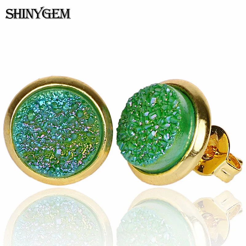 Shinygem новая модная обувь с украшением в виде кристаллов Стад Серьги с золотым покрытием красочные Druzy серьги 8 мм круглый Натуральный камень маленькие серьги для Для женщин - Окраска металла: Green