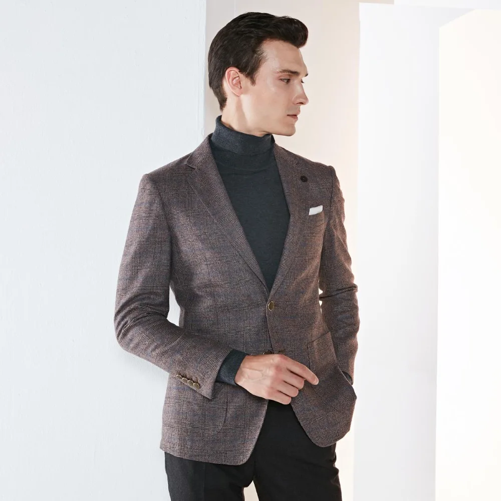 100% wool high quality blazer men brown plaid smart casual single breasted full sleeve mens clothes 2018 autumn winter warm wear | Мужская