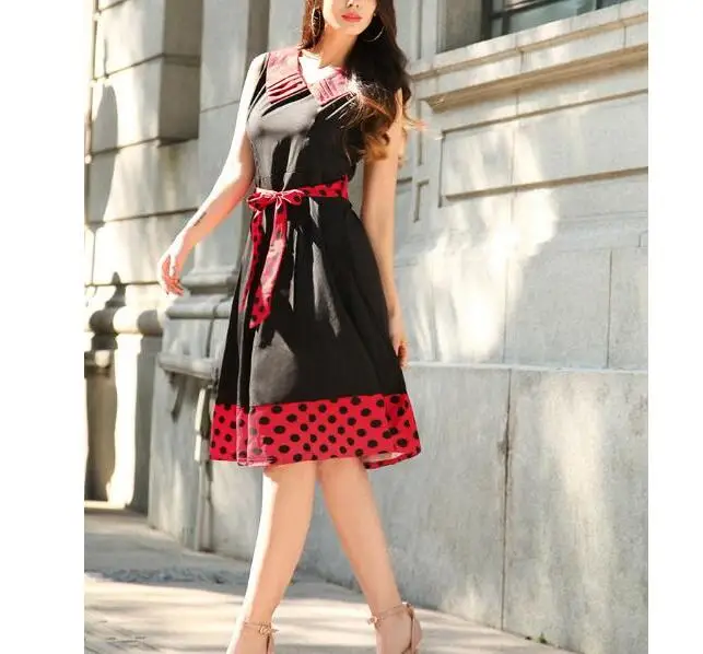 

2022 Ladies Dot Dress Elegant Women A-line Robe Turn-down Collar Office Lady Style Bow Tank Dresses Sexy Slim Vestidos