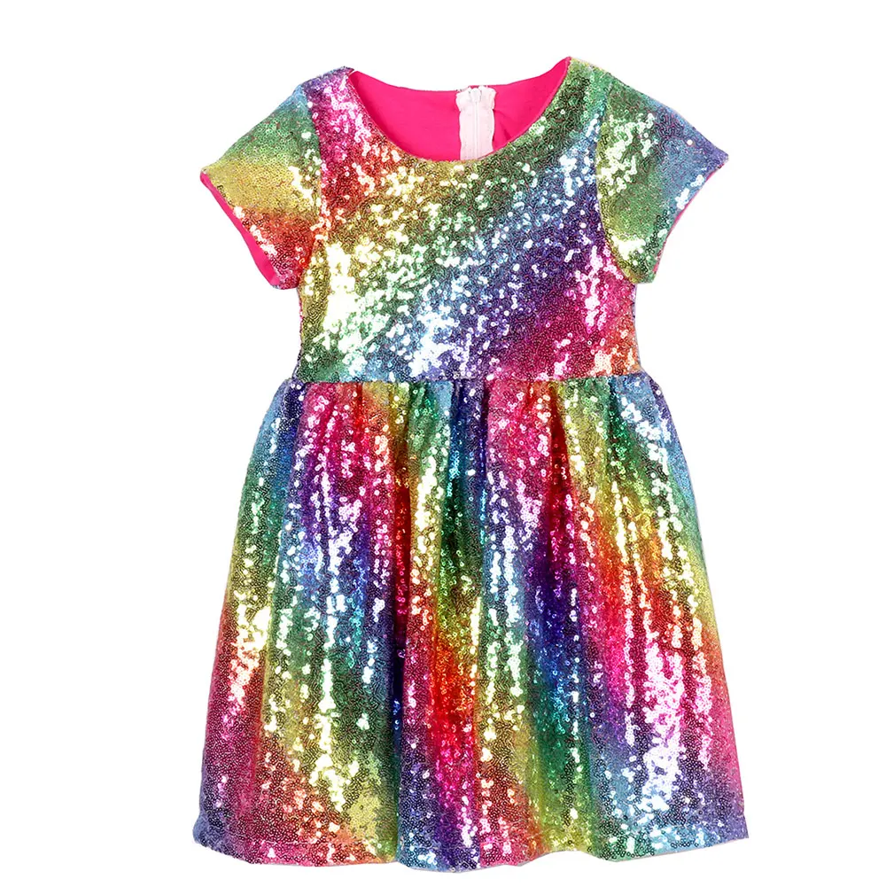 RAINBOW HOT PINK 3 Дети пайетки платье Дети Золотой День рождения платье принцессы блестящее платье девушки розовый летнее платье платья первого причастия для девочек - Цвет: RAINBOW HOT PINK 3