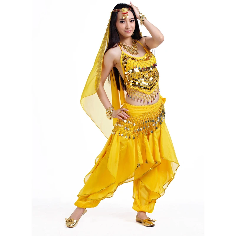 Belly Dance Costumes Set beaded bell tank top+sequins rotating pants+coins hip scarf+head chain+head scarf 5pcs full set SF70 |