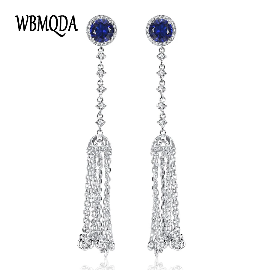 Wbmqda Роскошные CZ цепи длинной кисточкой Висячие серьги для Для женщин голубой