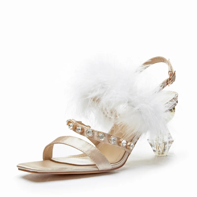 WETKISS Satin Strange Style Sandals Women Summer High Heels Sandals Female Crystal Shoes Woman Feather Party Luxury Shoes Ladies - Цвет: Хаки