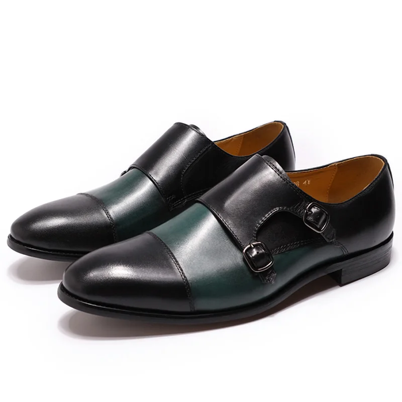 Black with Green Классические Мужские модельные туфли из натуральной кожи с двойными пряжками; обувь с закрытым носком; официальная Свадебная обувь для офиса; обувь с ремешком - Цвет: Black with Green