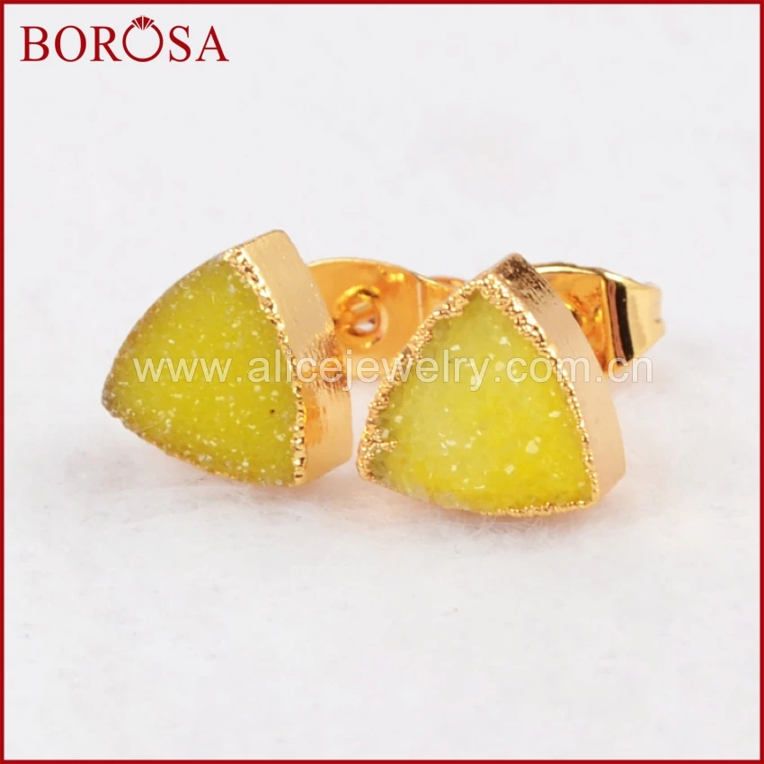 BOROSA 8 мм треугольник золотого цвета Радуга натуральный кристалл Druzy Geode серьги