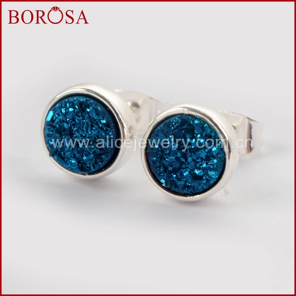 BOROSA, 5 пар, 9 мм, Круглый, серебряный цвет, ободок, титан, Druzy, серьги-гвоздики, покрытие радуги, серьги Drusy, Женские Ювелирные изделия, ZS0328