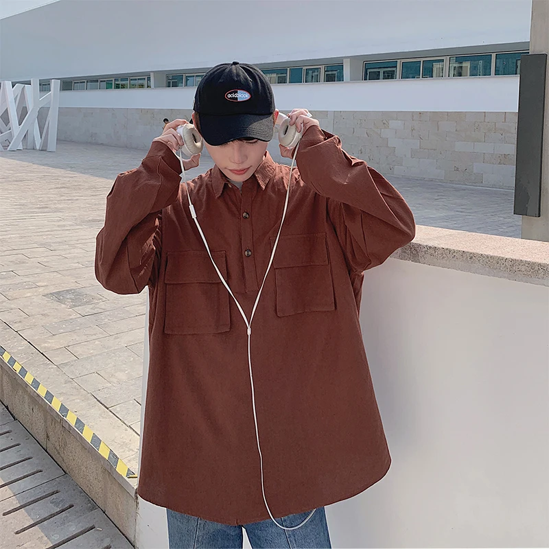 Весенне-осенний молодежный Модный повседневный однотонный пуловер рубашка с длинными рукавами и большим карманом черный/белый/коричневый M-2XL
