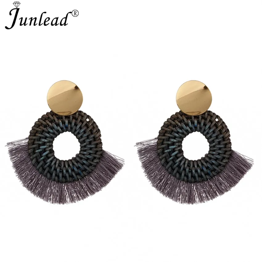 Женские разноцветные висячие серьги Junlead круглые плетеные из ротанга с