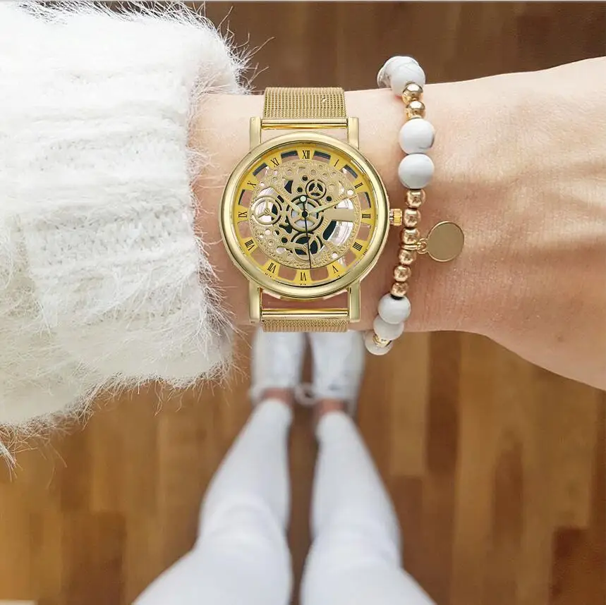 Женские и мужские кварцевые наручные часы-скелетоны серебристые золотистые |