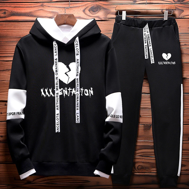 

XXXTentacion Revenge Kill Hip Hop Hoodies Sweatshirts & Sweatpants Autumn/Winter Women Two Piece Set Hooded Splice Suit Velvet