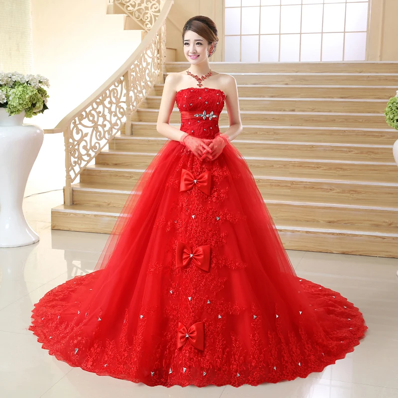 Vestidos De Novia китайское Красное Кружевное платье для свадьбы без бретелек с бантом и бусинами, Casamento, свадебные платья принцессы, robe de mariage
