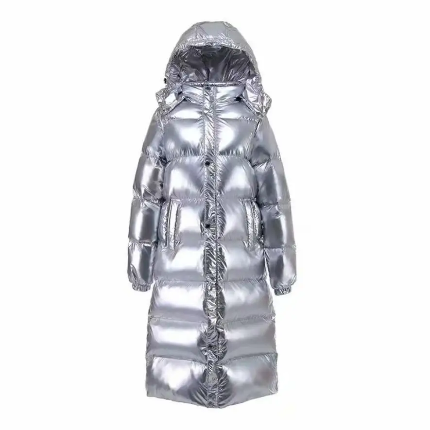 Зимнее модное пуховое пальто из хлопка с капюшоном Серебристая Глянцевая