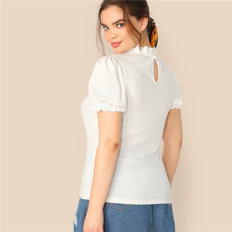 Dotfashion плюс Размеры бежевый плащеносных с пышными рукавами вязаная в рубчик Толстовка Футболка женская летняя Повседневное Топы; сезон весна; модные облегающие футболки