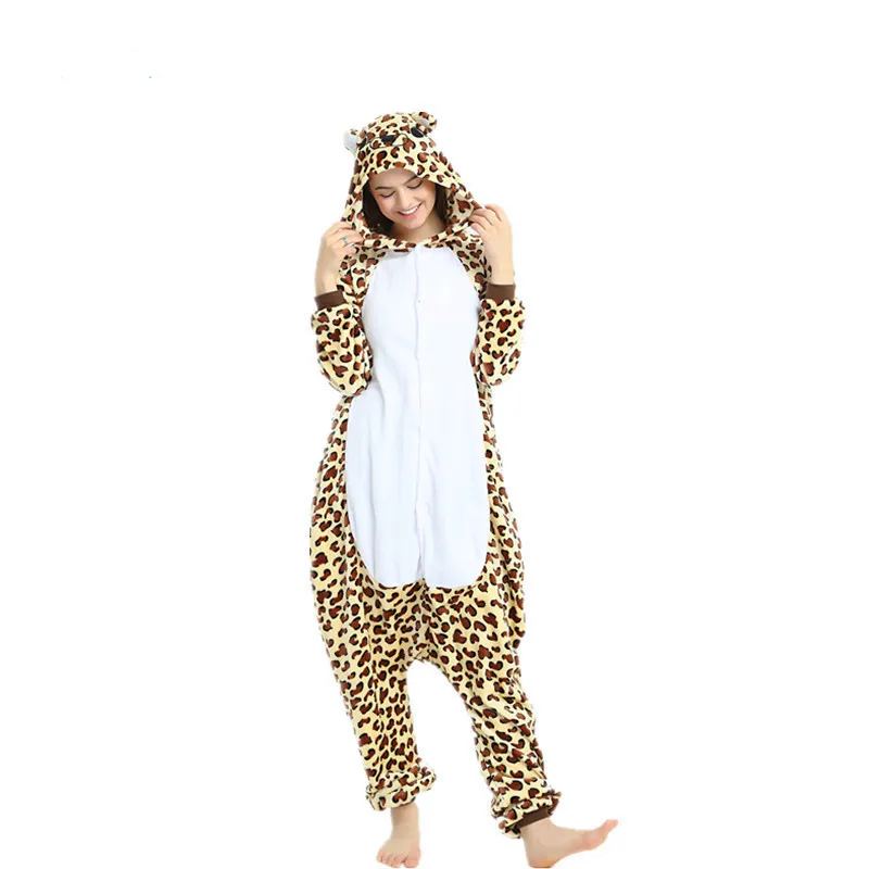 Adults Pajamas Women Flannel Sleepwear Unisex Cute Leopard Bear Cartoon Animal Pajama Set Hooded Pyjamas Kigurumi