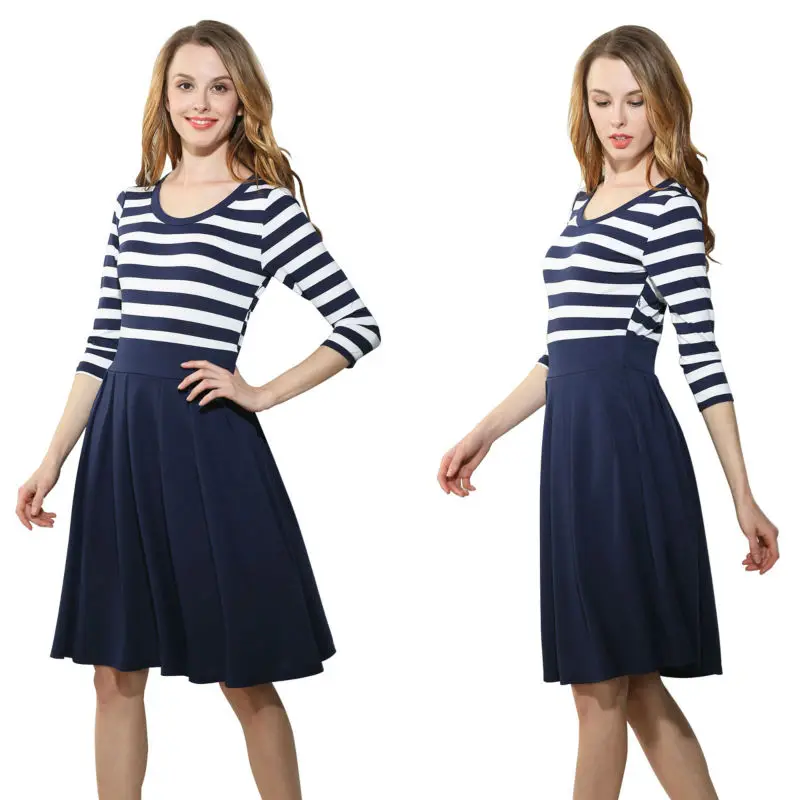 Осень офис платье в полоску Для женщин короткий рукав разрез Bodycon три четверти