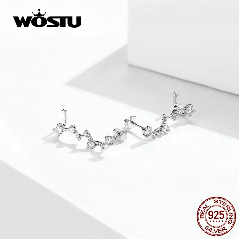 WOSTU,, настоящее 925 пробы, серебряные серьги-гвоздики, Новое поступление, прозрачные, 7 звезд, соединены вместе, серьги для подарка CQE682