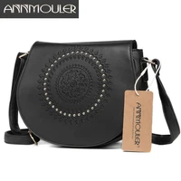 annmouler vintage crossbody bag pu leather women shoulder bag floral embossed rivet messenger bag for girls small handbag