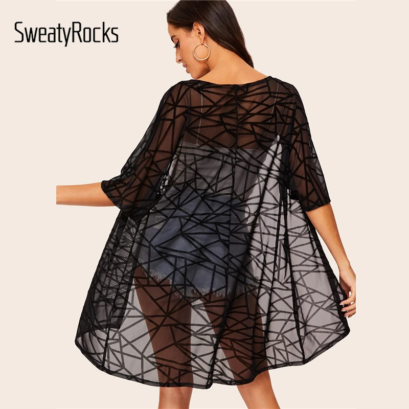 SweatyRocks, открытая передняя часть, гео принт, Прозрачное кимоно, уличная одежда, черные топы с коротким рукавом, летние женские одноцветные удлиненные Топы в стиле бохо