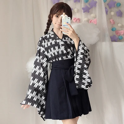top black short dres Женское японское кимоно юката ветер печати цветок перо переплетение комплекты кимоно плиссированная юбка японское кимоно традиционная одежда 2 шт - Цвет: top black short dres