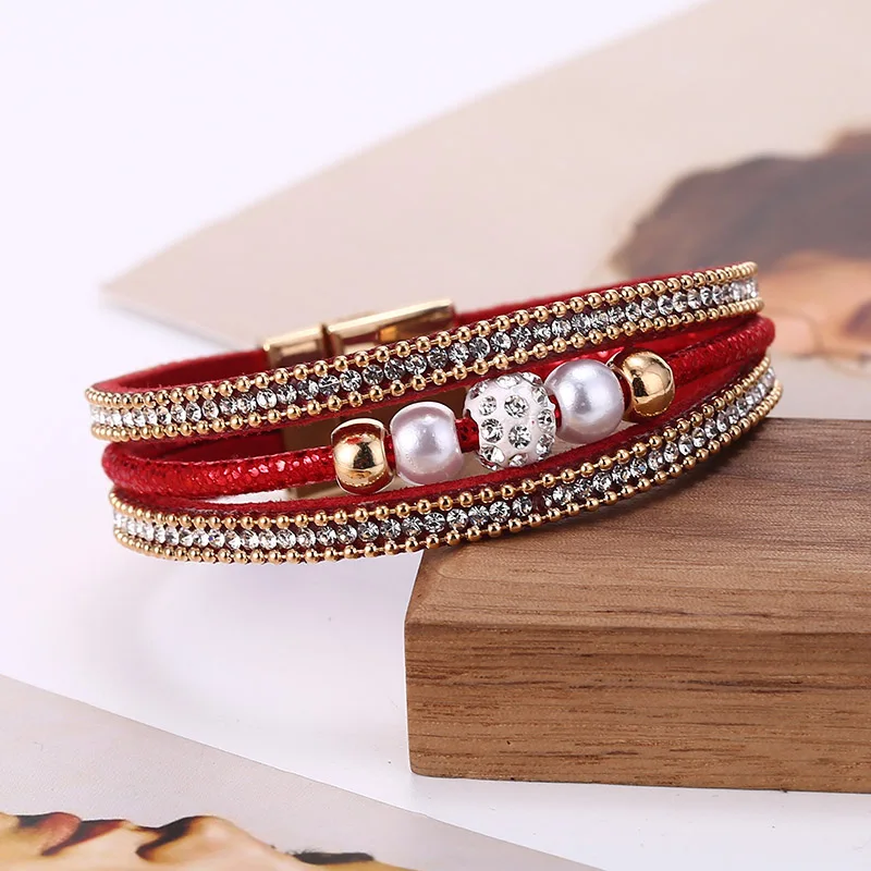 Red Bracelet HOCOLE винтажный Многослойный кожаный браслет с бусинами для женщин Шарм многослойный из бусин горный хрусталь браслет браслеты женские модные ювелирные изделия - Metal Color: Red Bracelet