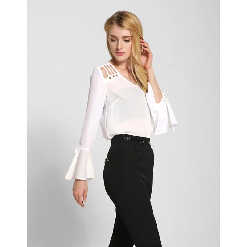 2017 Весенняя мода элегантный v-образным вырезом блузка рубашка сплошной цвет Flare с