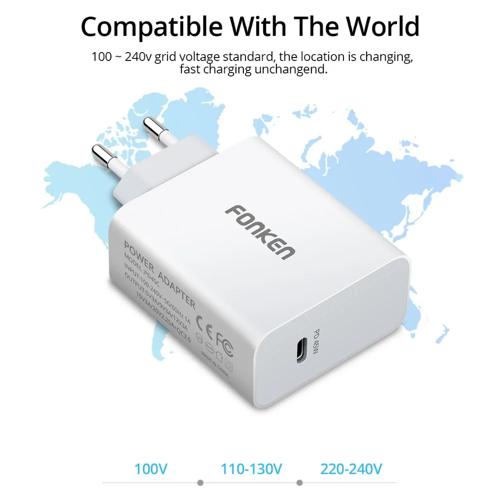 FONKEN type-C 45 Вт PD зарядное устройство с USB C кабелем Быстрая Зарядка телефона USB зарядное устройство 15 в 3 А Тип C ноутбук быстро настенный USB адаптер для путешествий