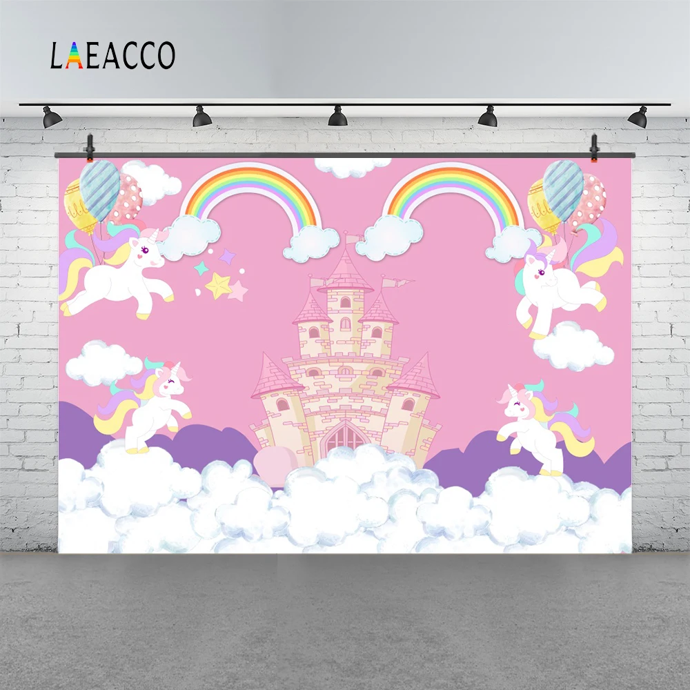 Laeacco Birthday Backdrops Castle Unicorn Rainbow Clouds Balloon Photography Backgrounds Baby Shower Photocall Newborn Photozone |