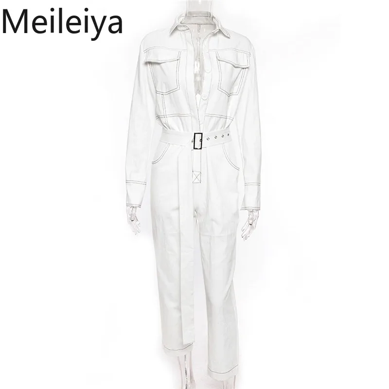 Черный сексуальный джинсовый комбинезон женский с длинным рукавом и поясом