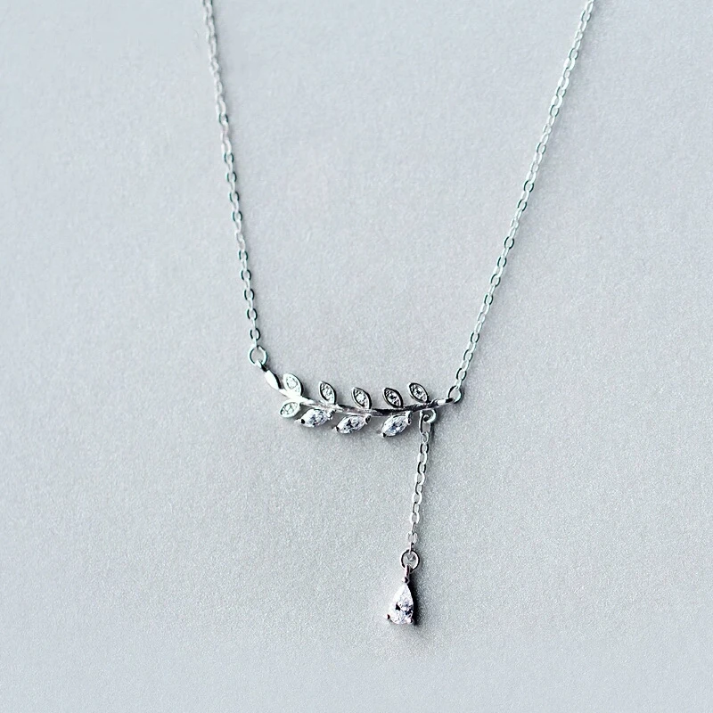 

925 Sterling Silver Asymmetry Leaf Tassels Pendant Water Drops Zircon Pendant Necklace For Women Girls Jewelry D370