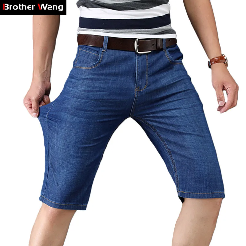 Мужские классические джинсовые шорты повседневные синие Стрейчевые облегающие