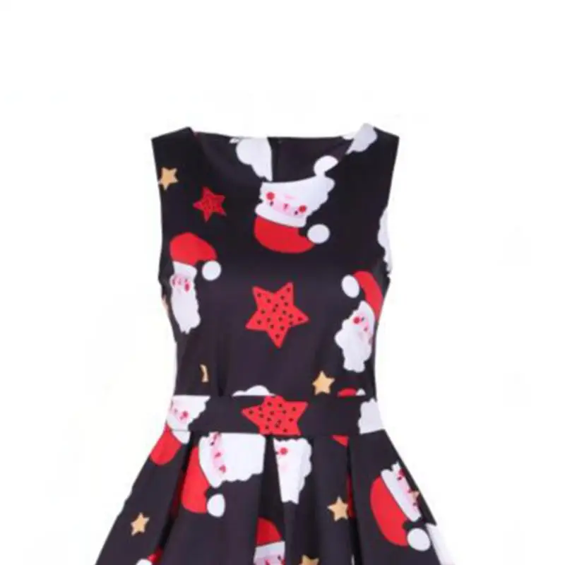 2018 Autumn Retro Round Neck Sleeveless Christmas Print Dress High Waist Pleated | Женская одежда