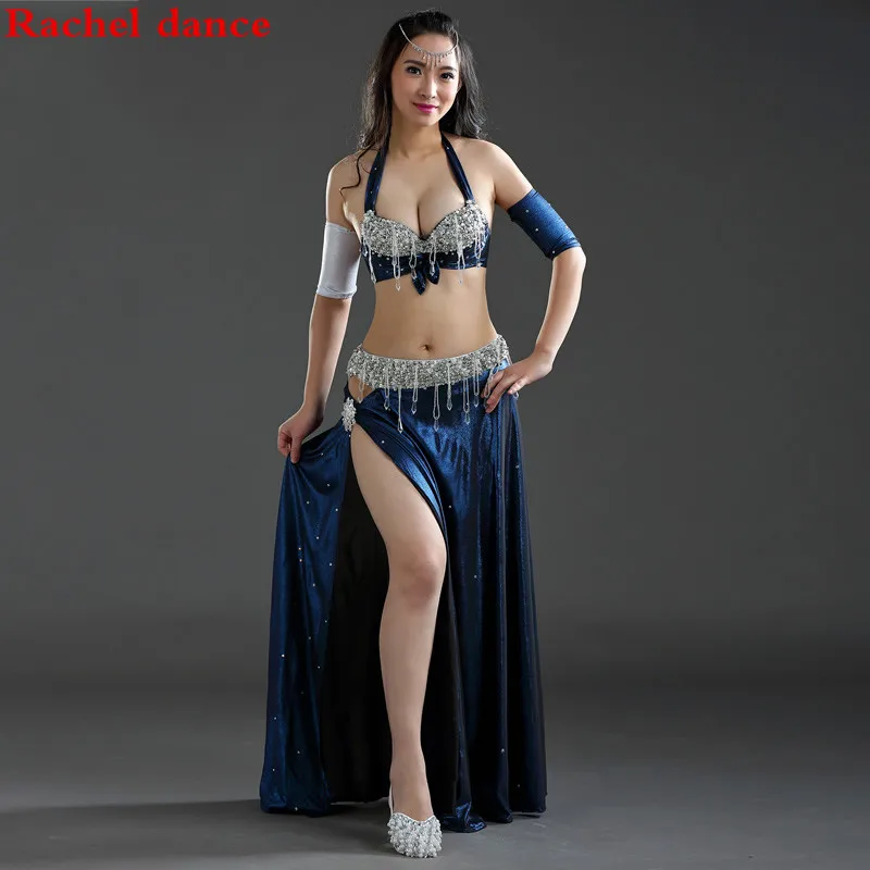 Производительность 5 Цветов Женщины Dancewear Профессиональный Размер S-L 4 шт. Экипировка Бюстгальтер Ремень Юбка Длинные Восточные Бусы Костюм Танец Живота