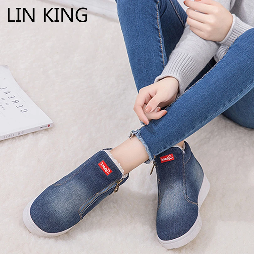 LIN KING/женская зимняя обувь на плоской подошве женские зимние ботинки из джинсовой