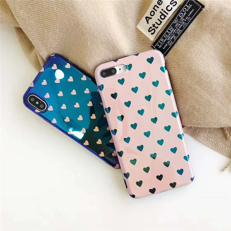 Newly Blue Light Ray Case Cute Navy Pink Love Hearts Pattern Phone Full Covers For iPhone X 6 6s Plus 7 8 Fundas Coque Capa |