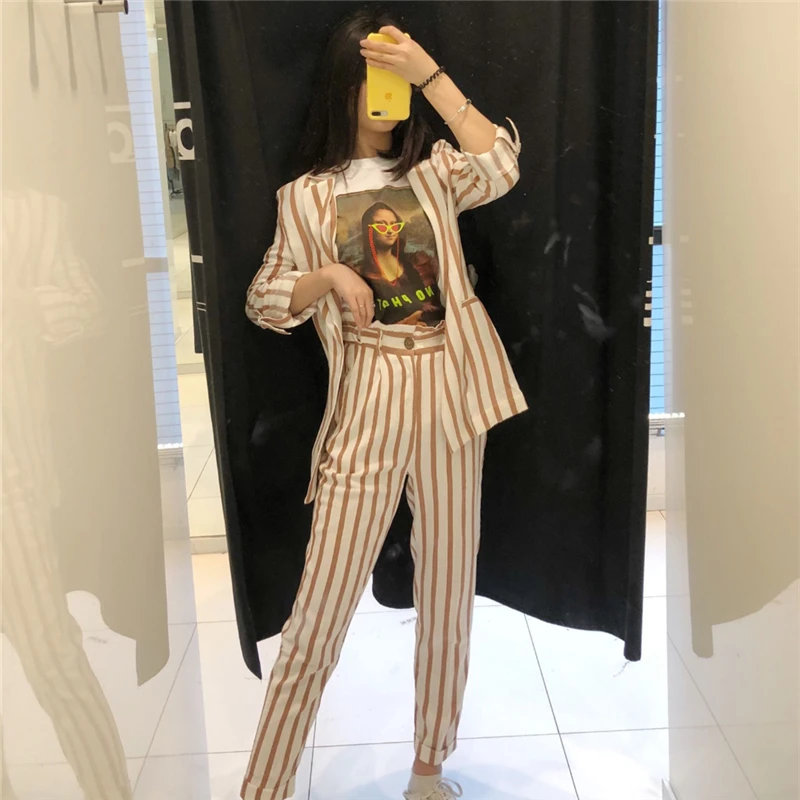 2019 женский полосатый Длинный блейзер эластичные прямые брюки с высокой талией